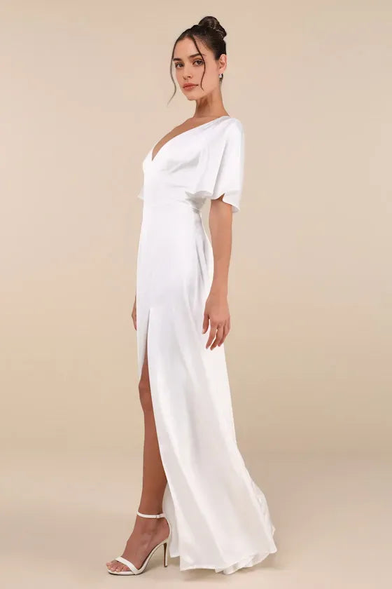 Elegant White Satin Evening Dresses with Plunging V - Neck Flutter Sleeves and High Side Slit  Perfect for Sophisticated Formal Galas