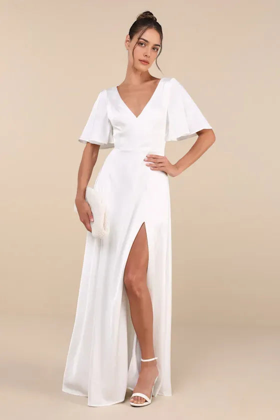 Elegant White Satin Evening Dresses with Plunging V - Neck Flutter Sleeves and High Side Slit  Perfect for Sophisticated Formal Galas