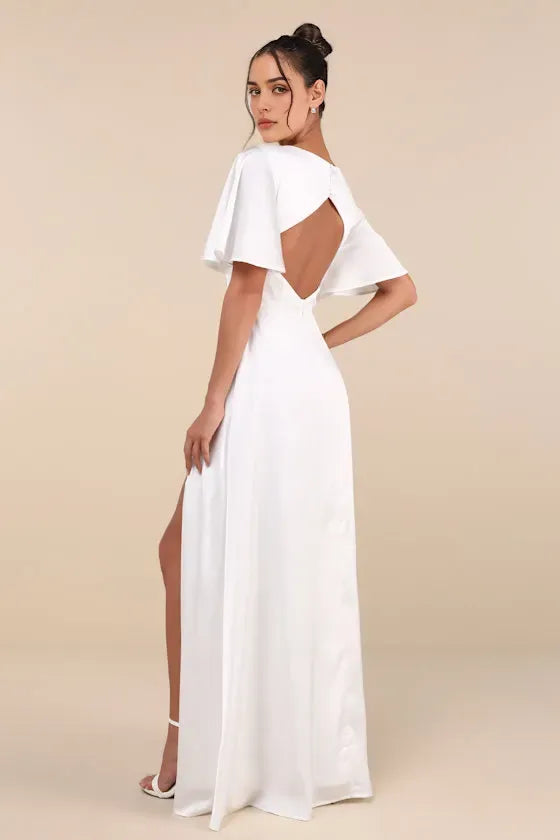Elegant White Satin Evening Dresses with Plunging V - Neck Flutter Sleeves and High Side Slit  Perfect for Sophisticated Formal Galas