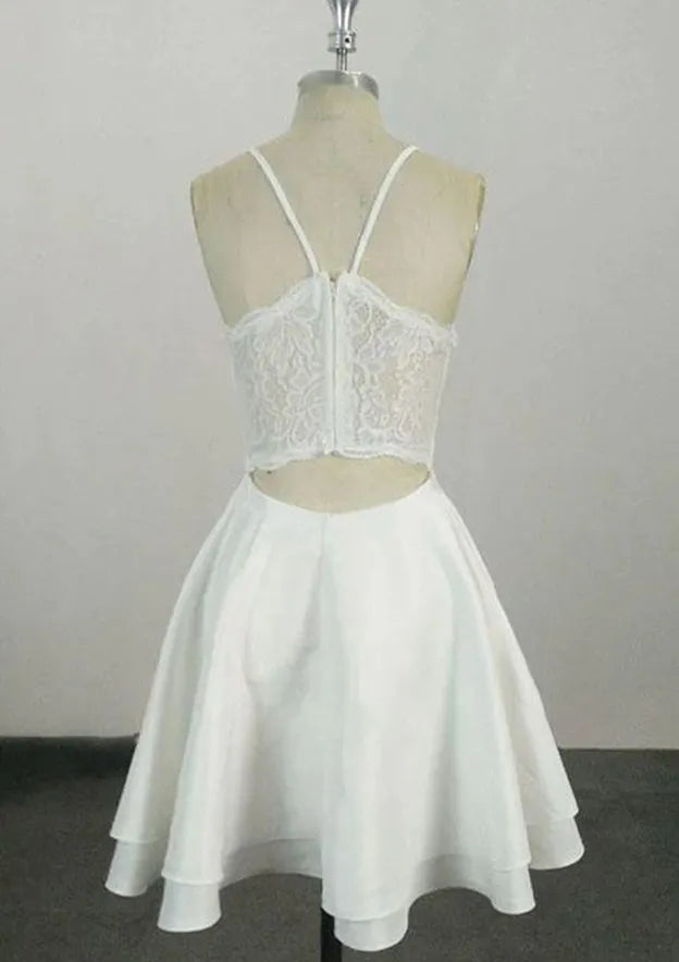 Elegant White Satin Homecoming Dress with Spaghetti Straps Deep V Neckline and Layered Flared Skirt for Timeless Grace at School Reunions