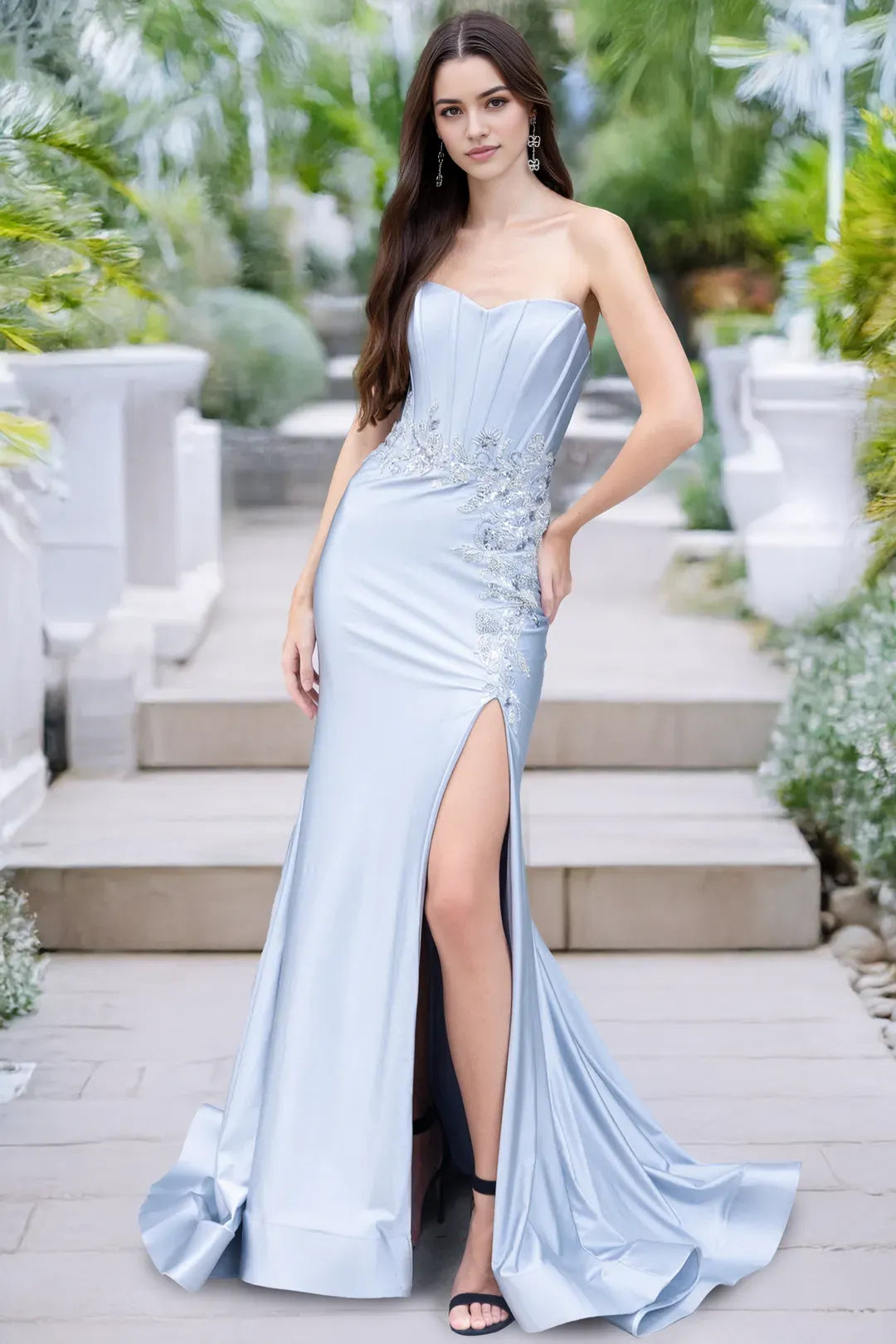 Elegant White Satin Mermaid Prom Dress with Strapless Corset Bodice Floral Applique and High Side Slit for Formal Galas
