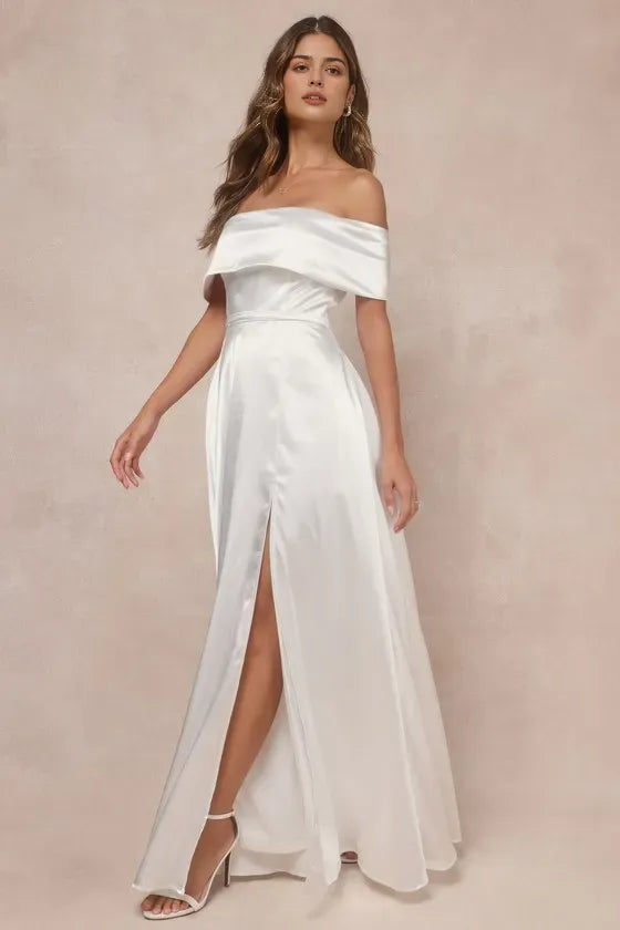 Elegant White Satin Off - Shoulder Evening Dresses with High Side Slit  Perfect for Sophisticated Black - Tie Galas