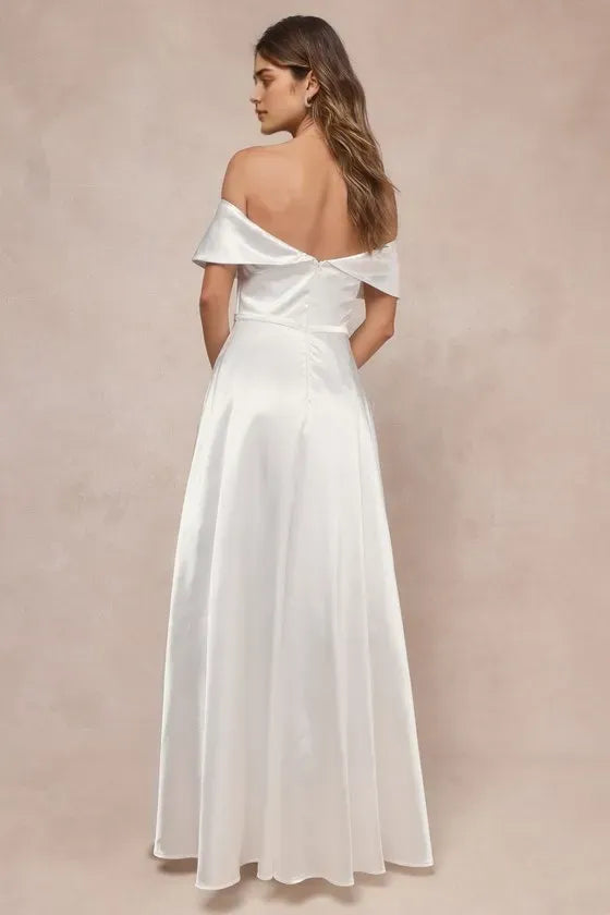 Elegant White Satin Off - Shoulder Evening Dresses with High Side Slit  Perfect for Sophisticated Black - Tie Galas