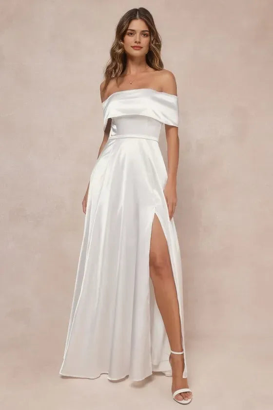 Elegant White Satin Off - Shoulder Evening Dresses with High Side Slit  Perfect for Sophisticated Black - Tie Galas