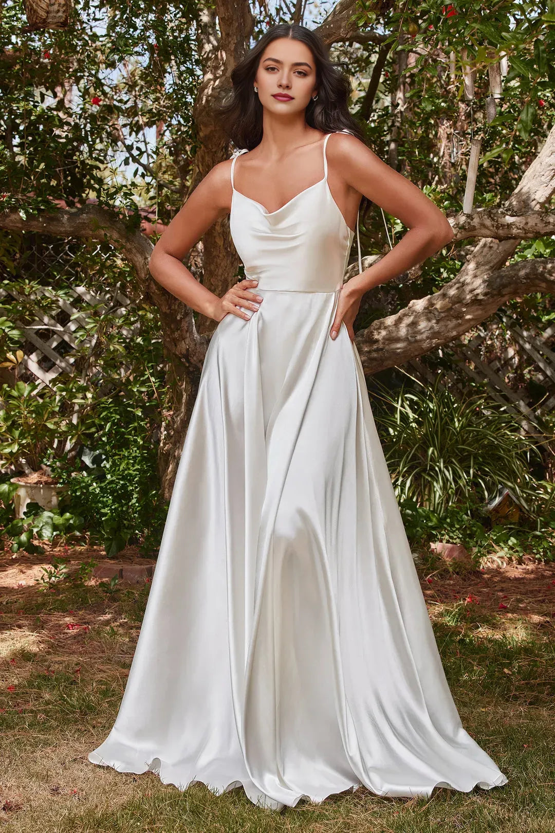 Elegant White Satin Prom Dress with Cowl Neckline Spaghetti Straps and Flowy A Line Skirt for Formal Occasions