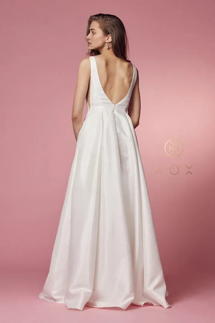 Elegant White Satin Prom Dress with Deep V Neck Open Back and Pocket Details for Timeless Glamour