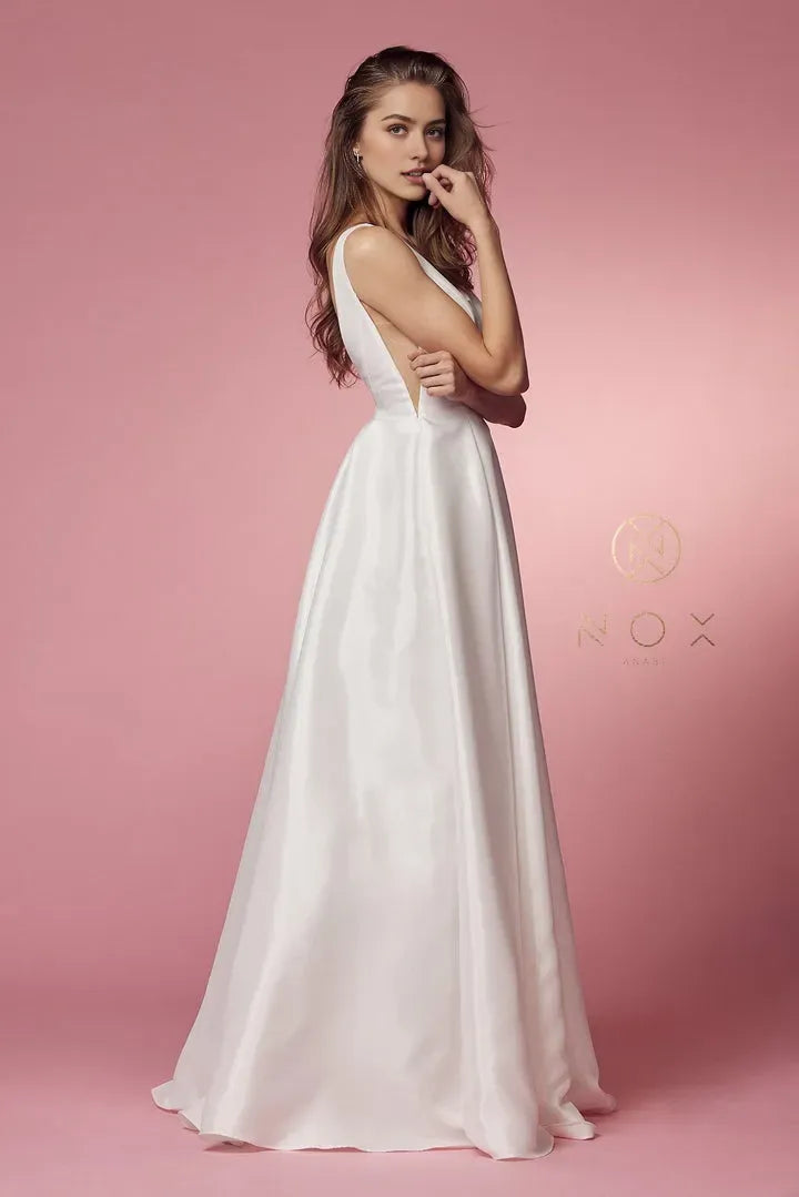 Elegant White Satin Prom Dress with Deep V Neck Open Back and Pocket Details for Timeless Glamour