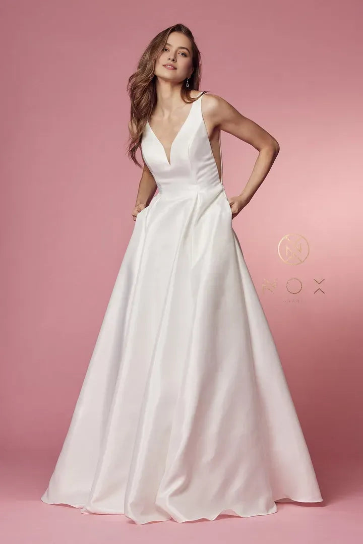 Elegant White Satin Prom Dress with Deep V Neck Open Back and Pocket Details for Timeless Glamour