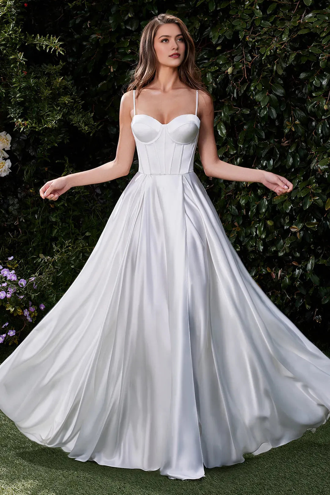 Elegant White Satin Prom Dress with Spaghetti Straps Corset Bodice and High Side Slit for Formal Occasions