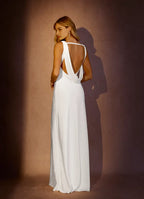 Elegant White Sheath Crepe Back Satin Wedding Dresses Cowl Neckline Sleeveless Body Con Fit Floor Length for sale