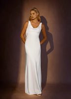 Elegant White Sheath Crepe Back Satin Wedding Dresses Cowl Neckline Sleeveless Body Con Fit Floor Length for sale