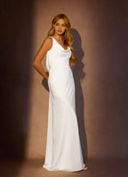 Elegant White Sheath Crepe Back Satin Wedding Dresses Cowl Neckline Sleeveless Body Con Fit Floor Length for sale