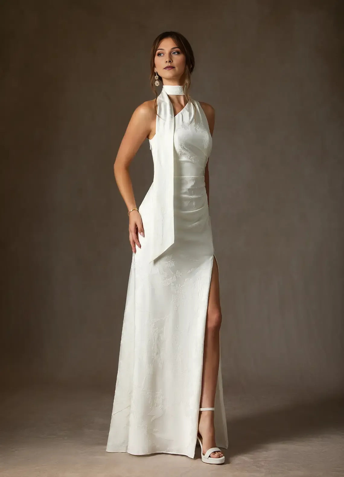 Elegant White Sheath One Shoulder Floral Jacquard Halter Neck Wedding Dress with Asymmetric Drape and High Side Slit