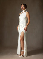 Elegant White Sheath One Shoulder Floral Jacquard Halter Neck Wedding Dress with Asymmetric Drape and High Side Slit