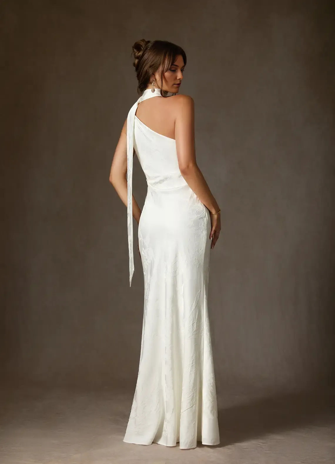 Elegant White Sheath One Shoulder Floral Jacquard Halter Neck Wedding Dress with Asymmetric Drape and High Side Slit