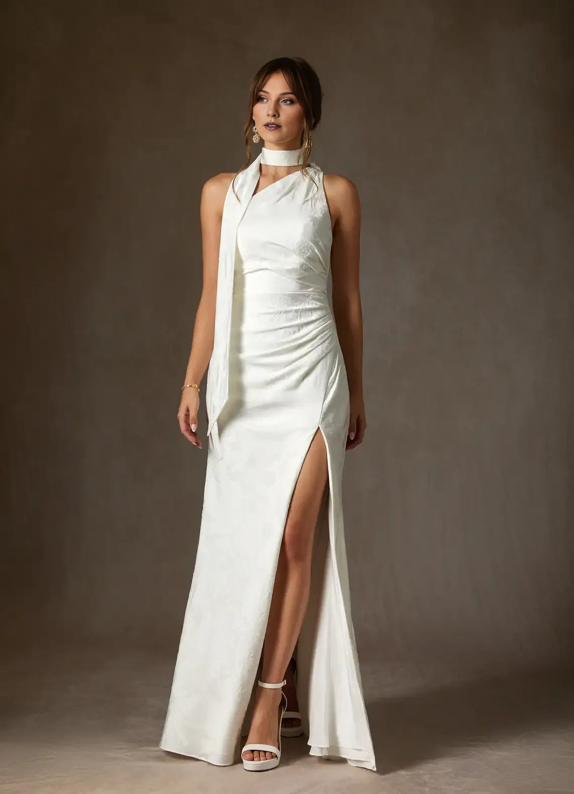 Elegant White Sheath One Shoulder Floral Jacquard Halter Neck Wedding Dress with Asymmetric Drape and High Side Slit