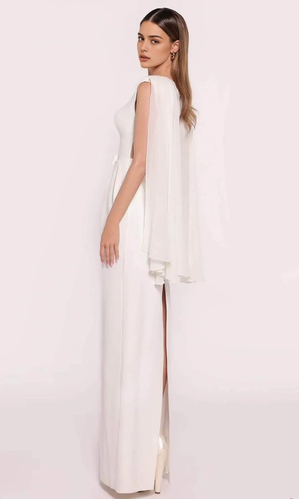 Elegant White Sleeveless Evening Gown with Bow - Accented Waist and Cape Like Shoulders for Formal Occasions