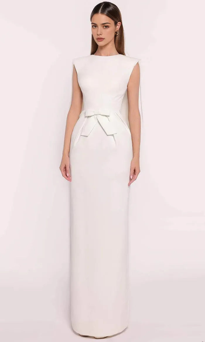 Elegant White Sleeveless Evening Gown with Bow - Accented Waist and Cape Like Shoulders for Formal Occasions