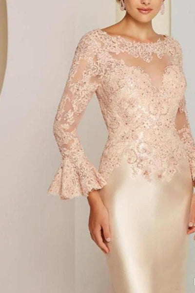 Elegant A-line Lace Long-Sleeve Mother-the-bride Dress