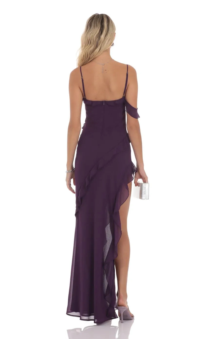Elegant Wine - Purple Prom Dress featuring Spaghetti Straps Asymmetric Flounce and Flattering High Slit  A Showstopper for Prom Galas ﻿