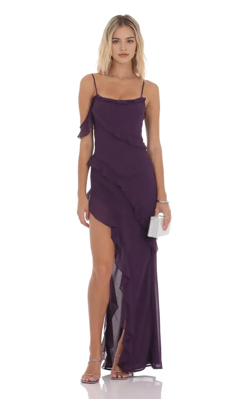 Elegant Wine - Purple Prom Dress featuring Spaghetti Straps Asymmetric Flounce and Flattering High Slit  A Showstopper for Prom Galas ﻿