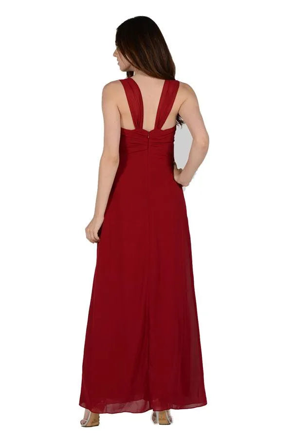 Elegant Wine - Red Chiffon Prom Dress with Draped Overlay Rhinestone Accen and Flowy Silhouette for Formal Occasions