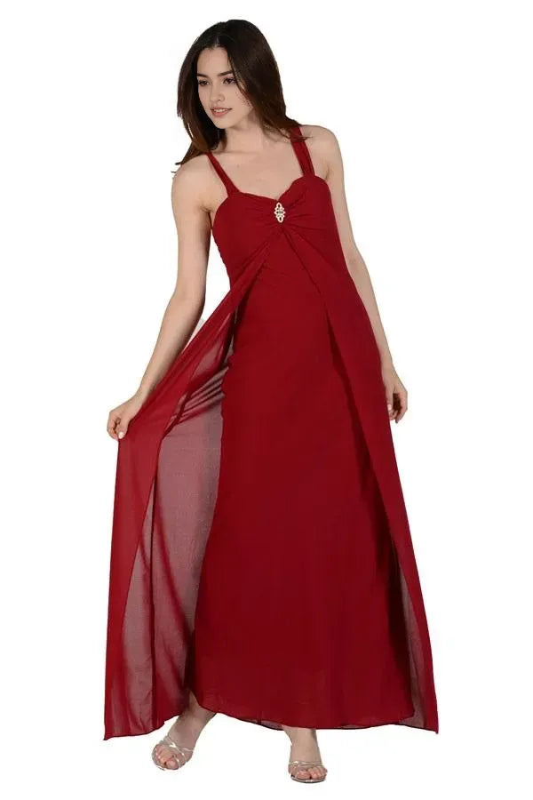 Elegant Wine - Red Chiffon Prom Dress with Draped Overlay Rhinestone Accen and Flowy Silhouette for Formal Occasions