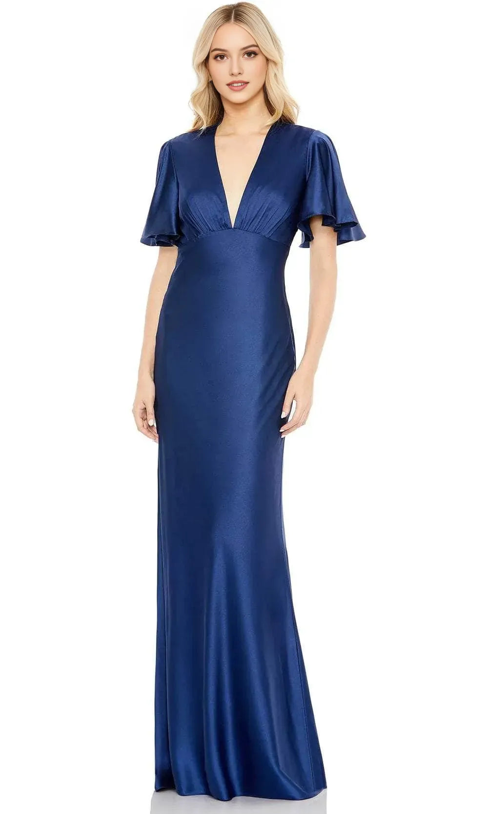 Elegant Wine - Red Satin Evening Gown with Deep V  Neckline Flutter Sleeves Ruched Bodice and Mermaid Silhouette for Formal Galas Romantic Weddings