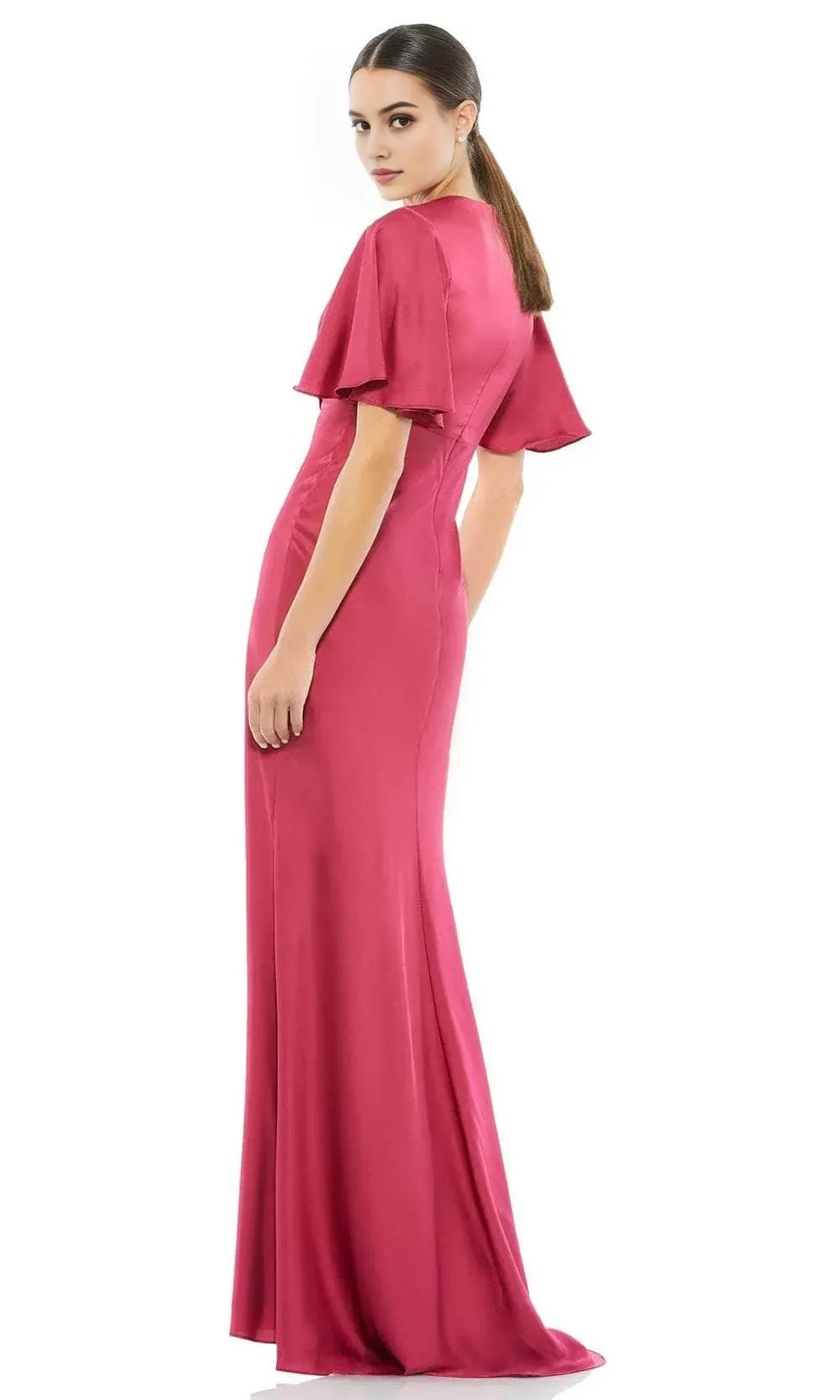 Elegant Wine - Red Satin Evening Gown with Deep V  Neckline Flutter Sleeves Ruched Bodice and Mermaid Silhouette for Formal Galas Romantic Weddings