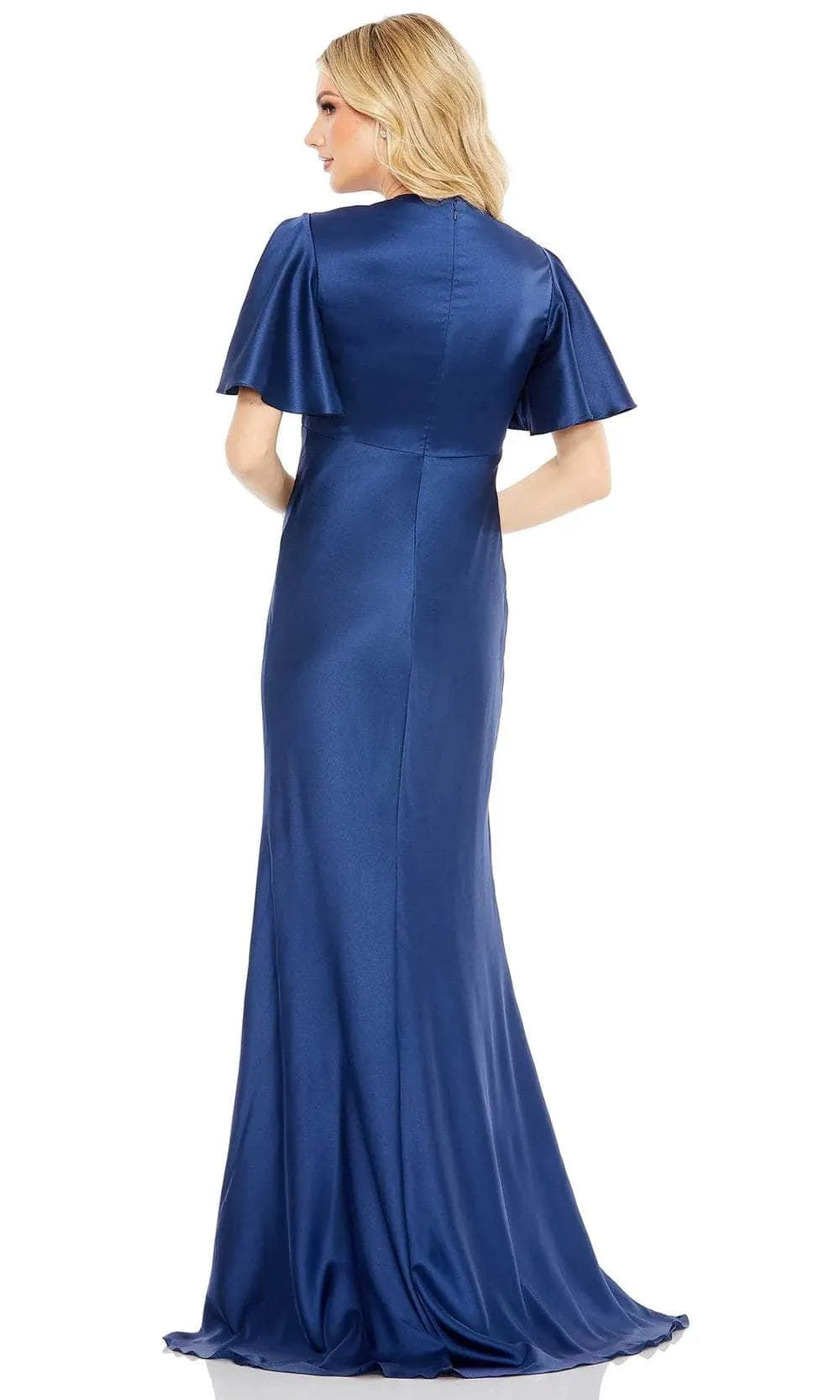 Elegant Wine - Red Satin Evening Gown with Deep V  Neckline Flutter Sleeves Ruched Bodice and Mermaid Silhouette for Formal Galas Romantic Weddings