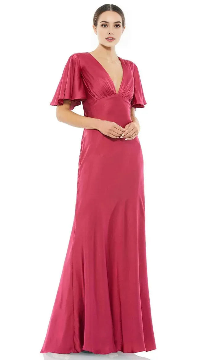 Elegant Wine - Red Satin Evening Gown with Deep V  Neckline Flutter Sleeves Ruched Bodice and Mermaid Silhouette for Formal Galas Romantic Weddings