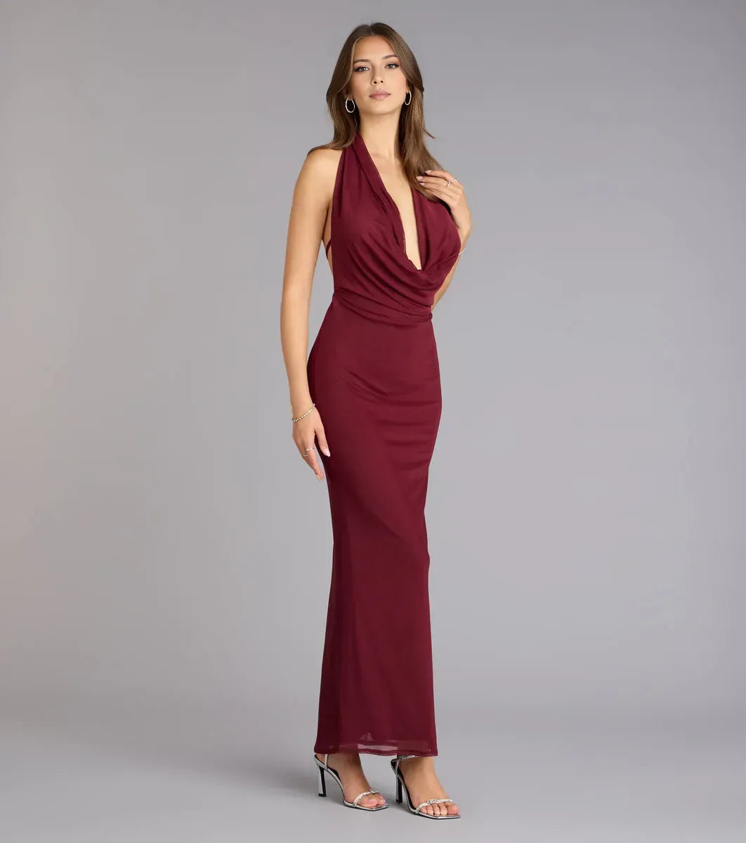 Elegant Wine Mermaid Cowl Halter Neck Sleeveless Draped Backless Ankle-Length Prom Dresses