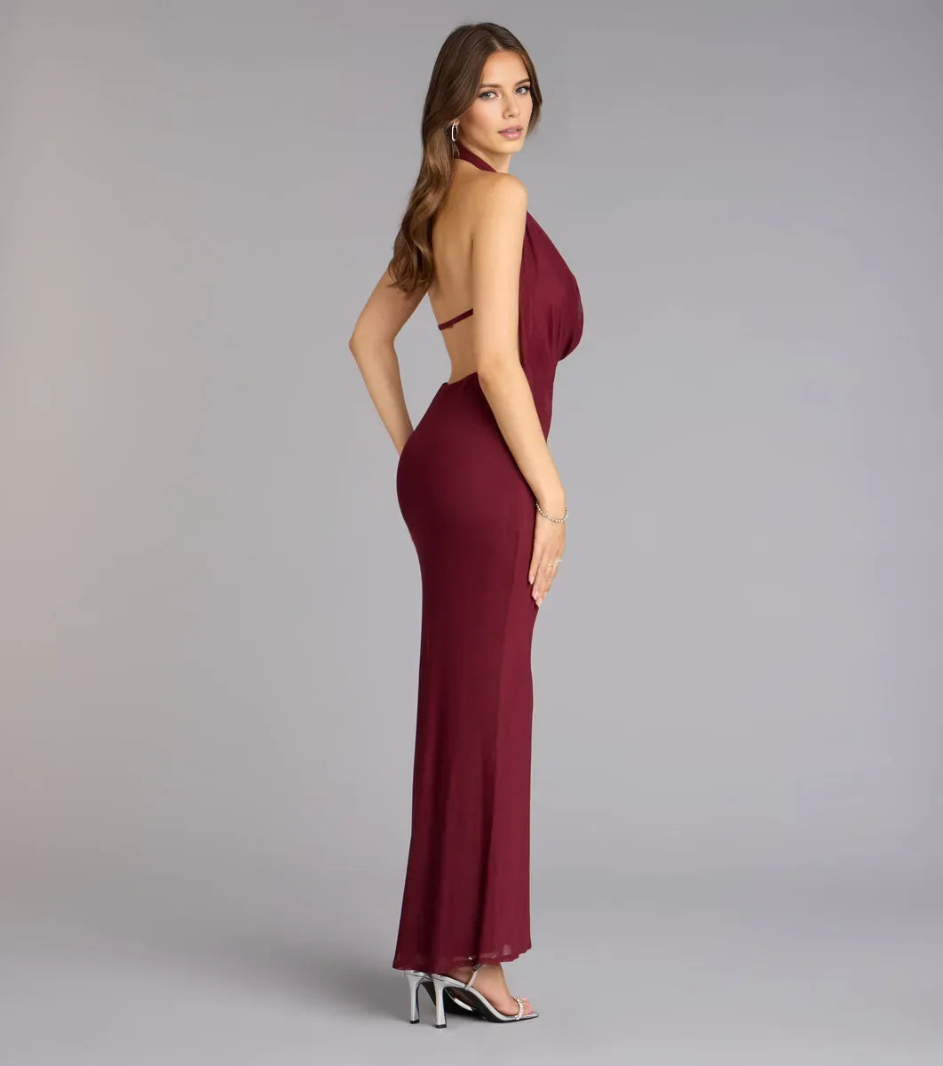 Elegant Wine Mermaid Cowl Halter Neck Sleeveless Draped Backless Ankle-Length Prom Dresses