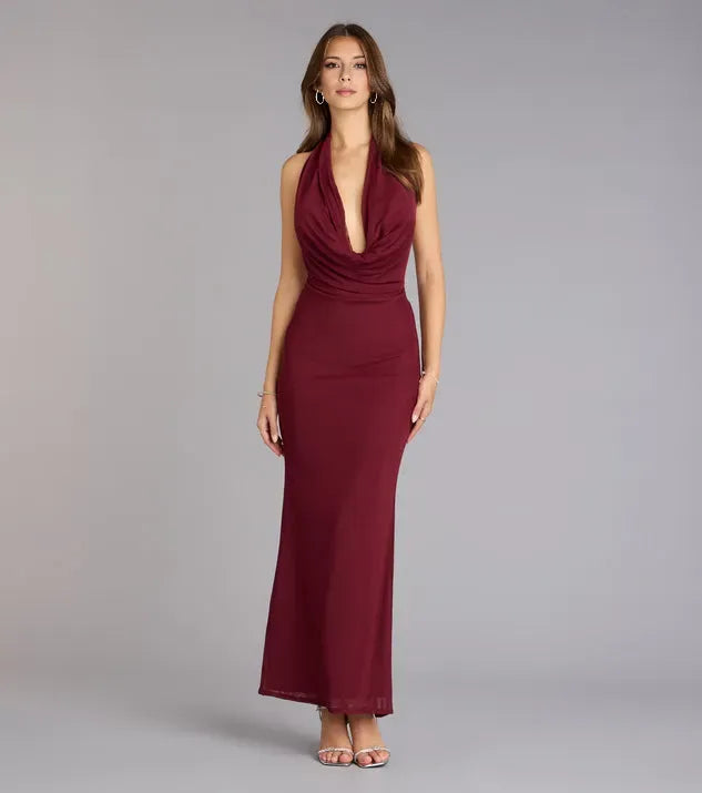 Elegant Wine Mermaid Cowl Halter Neck Sleeveless Draped Backless Ankle-Length Prom Dresses