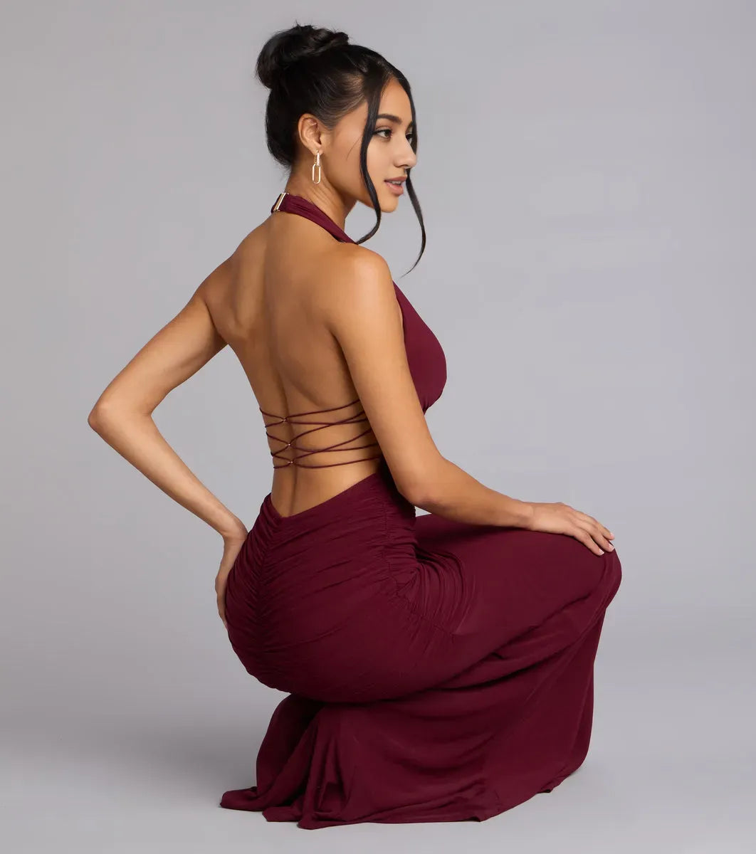Elegant Wine Mermaid Plunge Halter Neck Sleeveless Ruched Lace-Up Back Floor-Length Prom Dresses