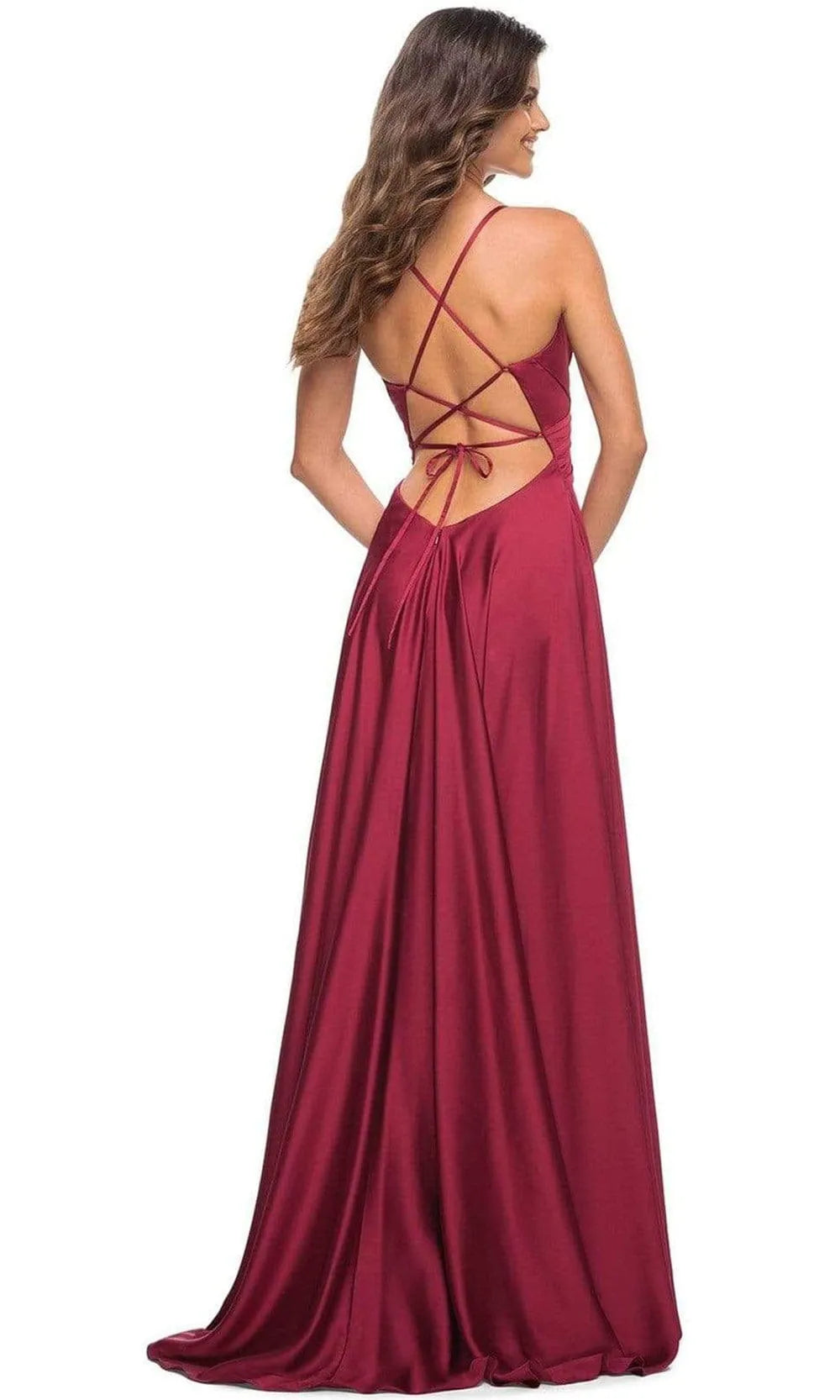 Elegant Wine Red Satin Prom Dress with Cross Wrap Bodice Spaghetti Straps and High Side Slit for Formal Occasions