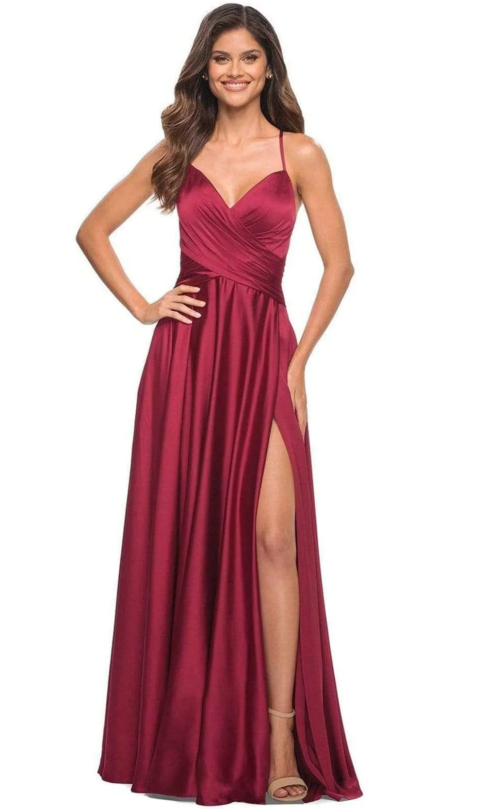 Elegant Wine Red Satin Prom Dress with Cross Wrap Bodice Spaghetti Straps and High Side Slit for Formal Occasions
