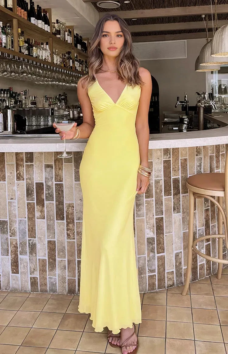 Elegant Yellow Chiffon Prom Dress  Plunging V Neck Spaghetti Straps Floor Length Silhouette for a Fresh Glam Look
