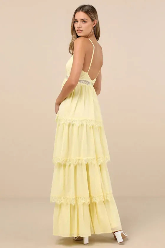 Elegant Yellow Chiffon Prom Dress with Spaghetti Straps V Neckline Lace  Trimmed Tiered Skirt for Formal Occasions