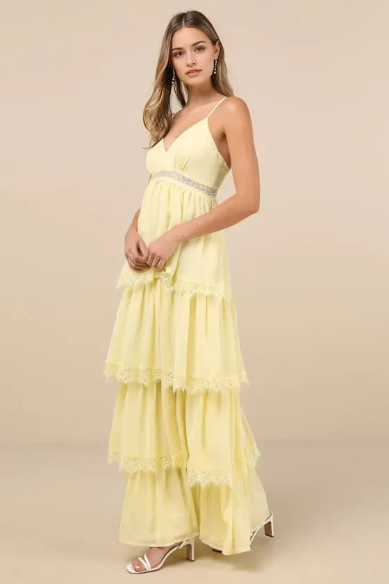 Elegant Yellow Chiffon Prom Dress with Spaghetti Straps V Neckline Lace  Trimmed Tiered Skirt for Formal Occasions