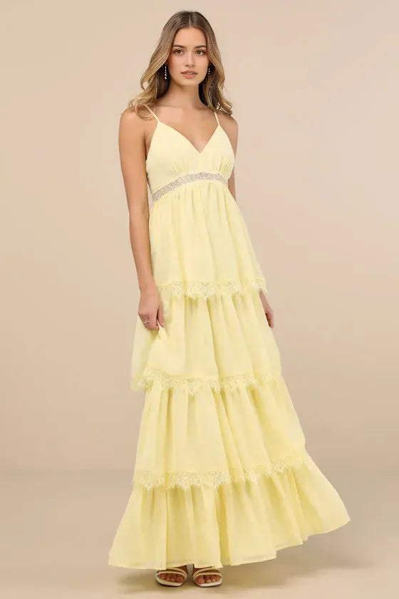 Elegant Yellow Chiffon Prom Dress with Spaghetti Straps V Neckline Lace  Trimmed Tiered Skirt for Formal Occasions
