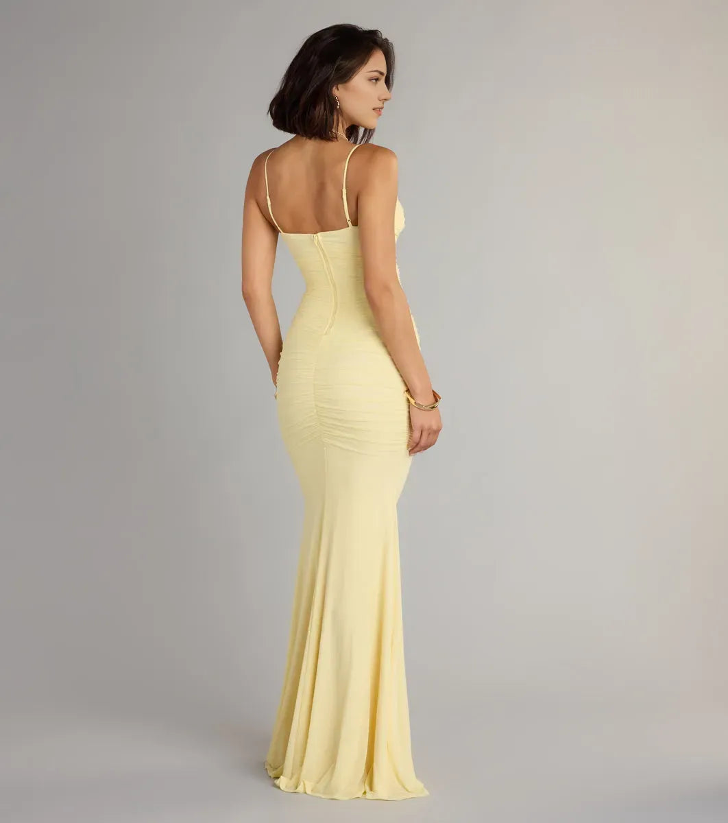 Elegant Yellow Mermaid V-neckline Spaghetti Strap Back Zip Floor-Length Ruched Prom Dresses