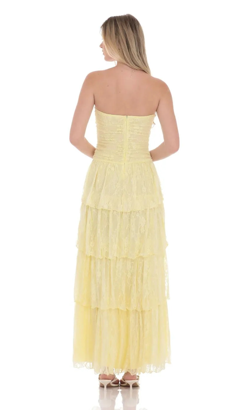 Elegant Yellow Prom Gown with Strapless Neckline Tiered Lace Skirt and Subtle Ruched Detailing  Suited for Refined Prom Nights
