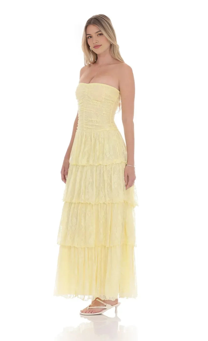 Elegant Yellow Prom Gown with Strapless Neckline Tiered Lace Skirt and Subtle Ruched Detailing  Suited for Refined Prom Nights