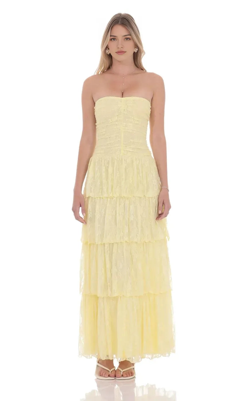 Elegant Yellow Prom Gown with Strapless Neckline Tiered Lace Skirt and Subtle Ruched Detailing  Suited for Refined Prom Nights