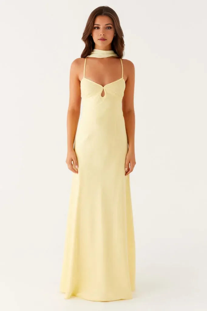Elegant Yellow Sheath V- Neck Spaghetti Straps Tie Back Scarf Detail Floor-Length Prom Dresses