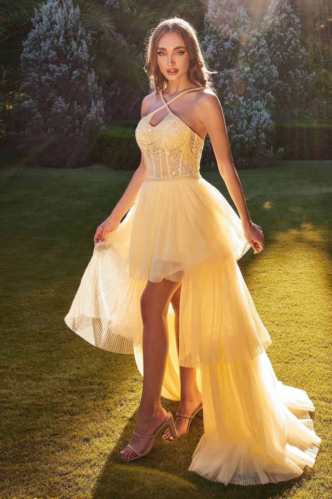 Elegant Yellow Tulle Prom Dress with High - Low Hem Embroidered Bodice and Halter Neckline: Perfect for Enchanting Ball Moments
