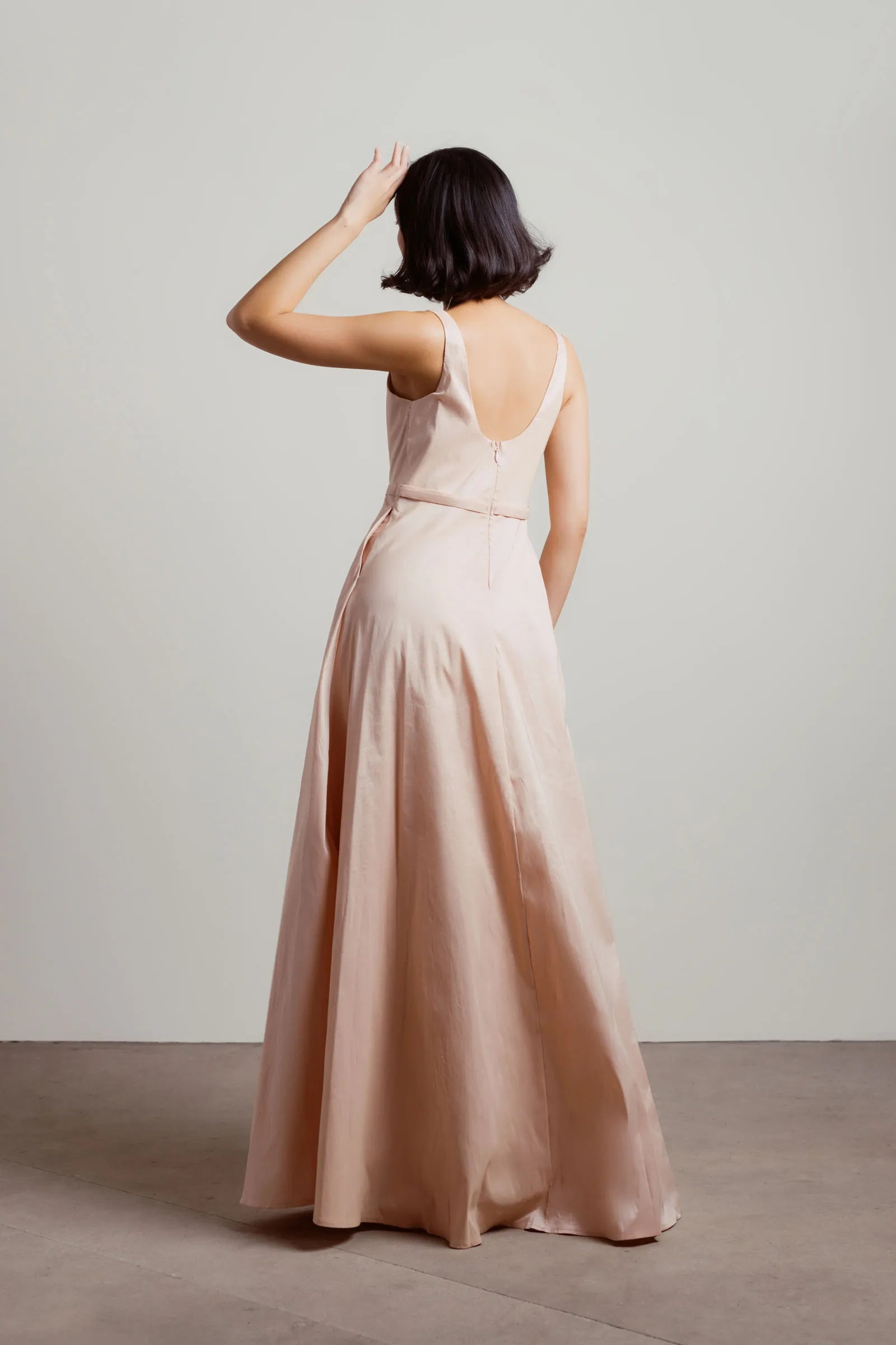 Elegant Blush A-Line Plunging V-Neck Sleeveless Pleated Back Zip  High-Sid Slit Floor-Length Prom Dresses