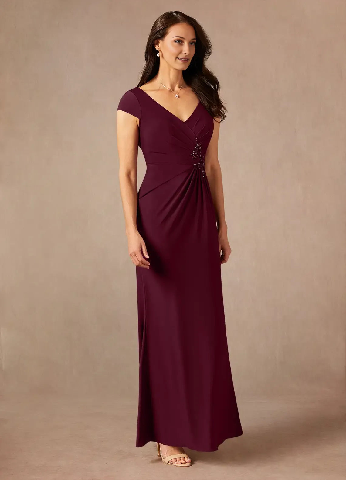 Elegant Cabernet Mermaid V-Neck Sequins Lace  Mother of the Bride Dress with line Cap Sleeves Ruched Bodice and Beaded Embellishment ﻿