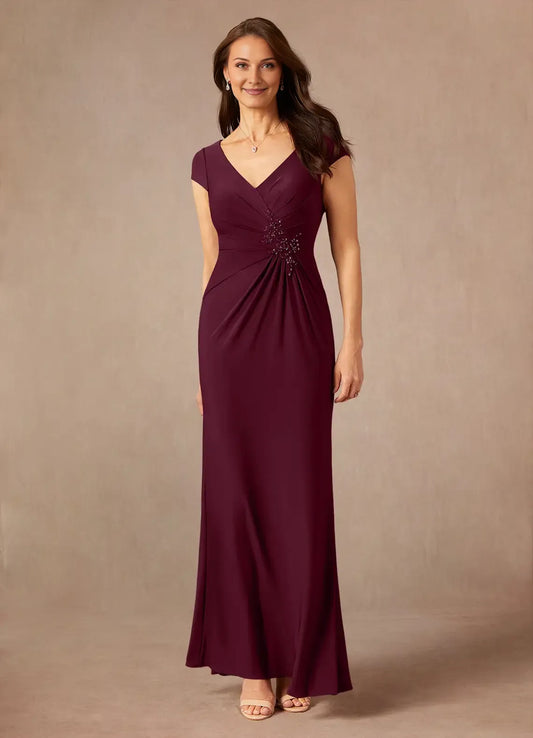 Elegant Cabernet Mermaid V-Neck Sequins Lace  Mother of the Bride Dress with line Cap Sleeves Ruched Bodice and Beaded Embellishment ﻿